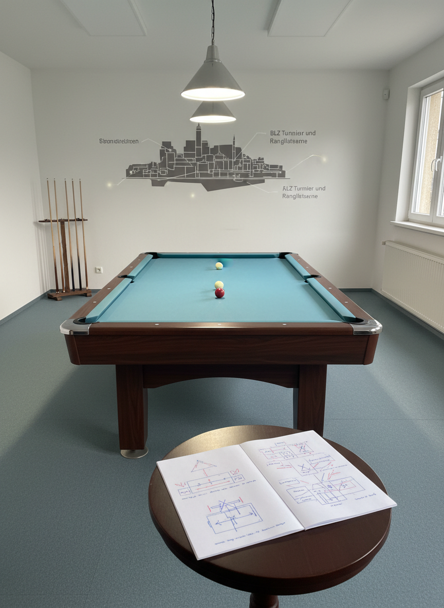 Ein ruhiger Trainingsmoment im leeren Vereinslokal des BLZ Gallneukirchen, ohne Personen: Ein einzelner Billardtisch in der Mitte des Raumes, mehrere Queues ordentlich in einem Ständer an der Wand, ein offener Taktikblock mit abstrakten Diagrammen und Linien auf einem kleinen Beistelltisch, ohne lesbare Schrift. Im Hintergrund eine dezente Wandgrafik mit stilisierten Konturen von Gallneukirchen sowie angedeuteten Verbindungslinien zu externen Turnier- und Ranglistenseiten. Weiches, diffuses Deckenlicht mischt sich mit leichtem Tageslicht aus seitlichen Fenstern, erzeugt eine konzentrierte, aber entspannte Atmosphäre. Kamera auf Augenhöhe, Bildaufbau nach der Drittelregel, der Tisch dominiert die Szene. Fotorealistische, professionelle, leicht atmosphärische Darstellung eines lokalen Billardzentrums.